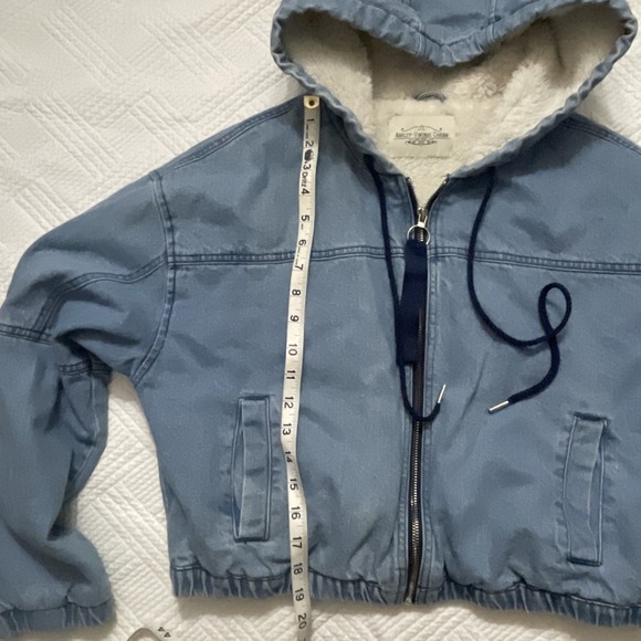 Ashley Vintage Charm Women's Denim Hoodie Jacket Cropped Sherpa Size L 90s - Picture 7 of 9